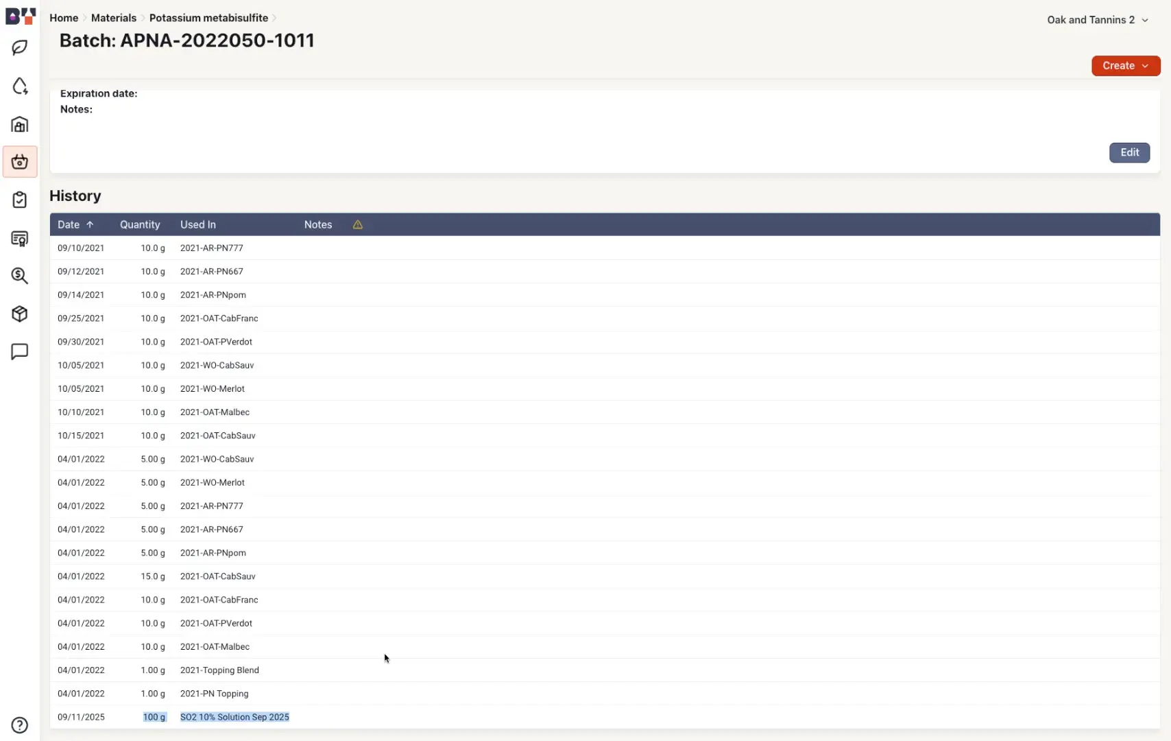 The screenshot displays the history of Potassium metabisulfite usage, including dates, quantities, and the lots it was used in. The user is about to add a batch of SO2.