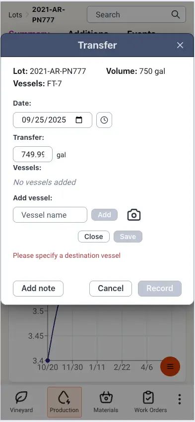 Blended software Transfer dialog for lot 2021-AR-PN777 in Production section