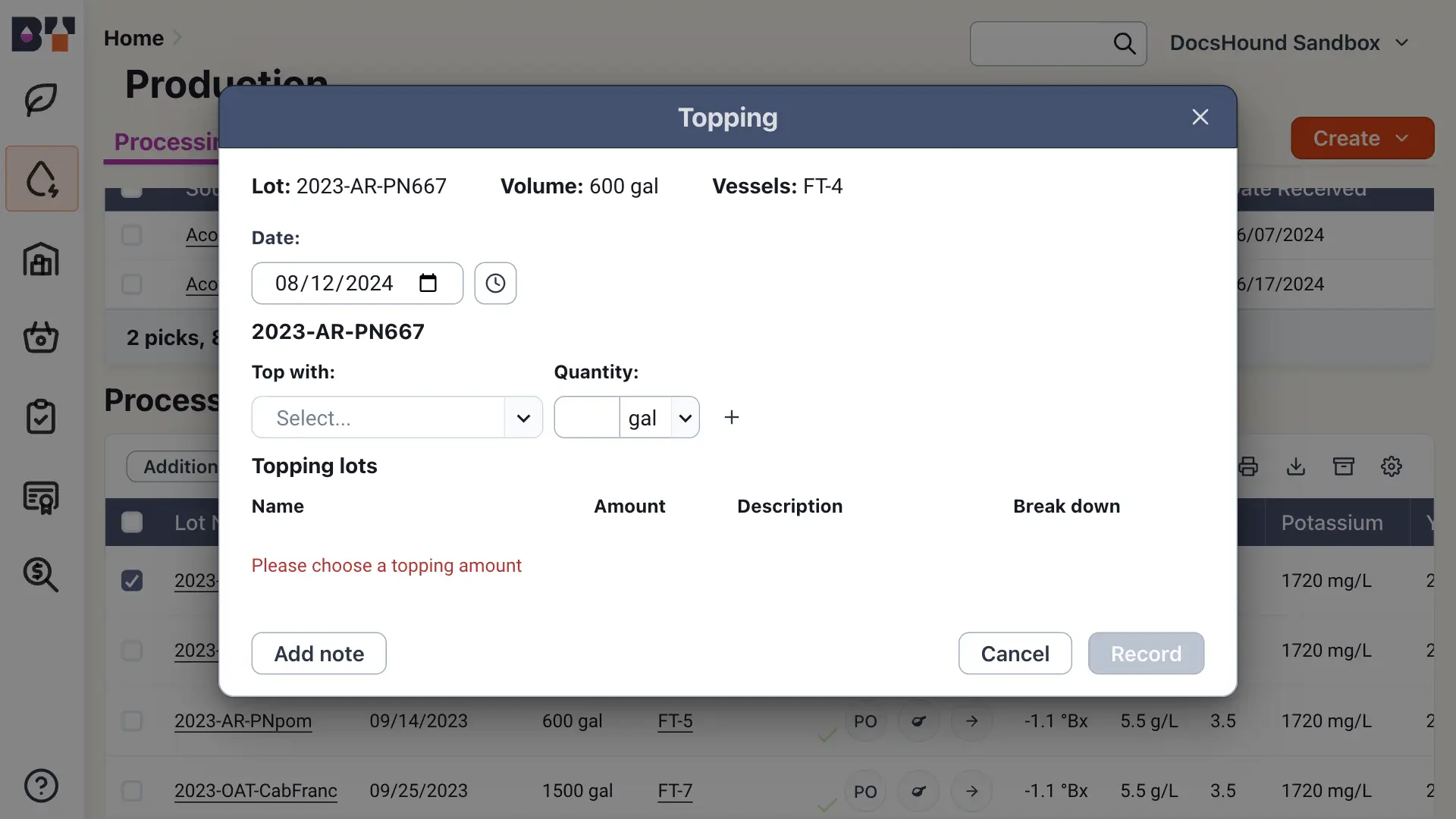 Blended software platform Production section Topping dialog box for lot 2023-AR-PN667 with fields for date, topping material, and quantity, and buttons for Add note, Cancel, and Record.