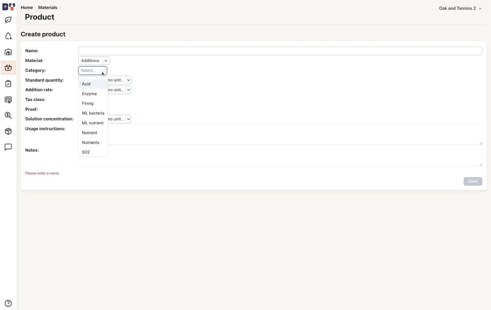 The user is in the process of creating a new product within the Blended platform, specifically in the 'Materials' section. The user is currently selecting a category for the product.