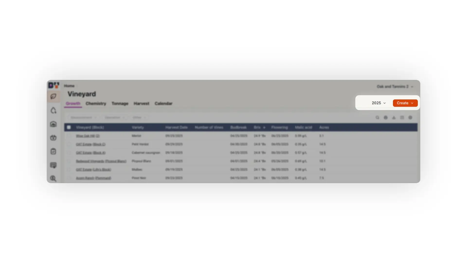 Blended Vineyard Overview screen showing vineyard block details under the Growth tab.