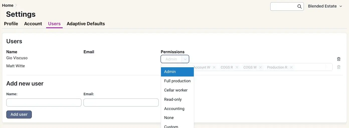 Blended platform user permissions settings screen showing user list and permission options.