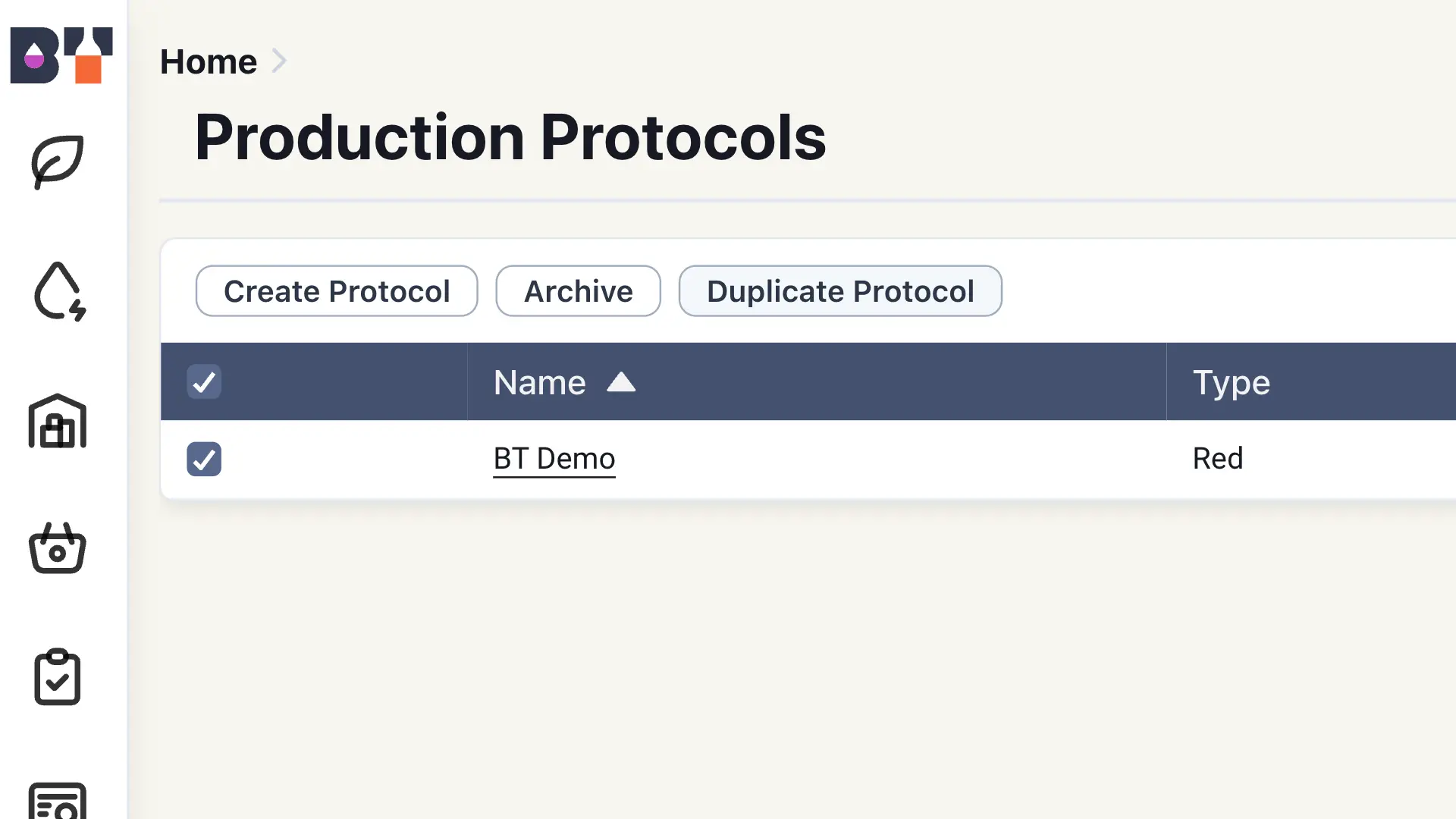 Blended software platform Production Protocols page showing a protocol named 'BT Demo' of type 'Red'.