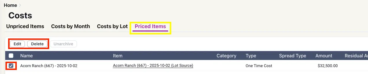 Blended Costs Priced Items tab showing Acorn Ranch cost entry