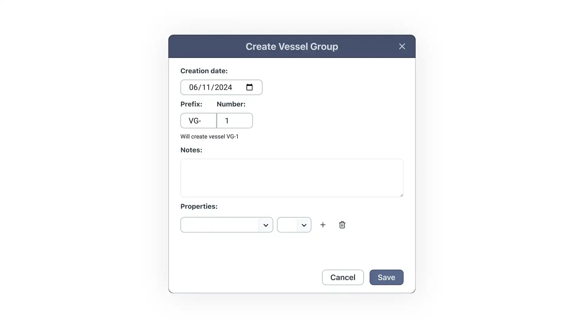 Blended software platform - Facility - Create Vessel Group screen