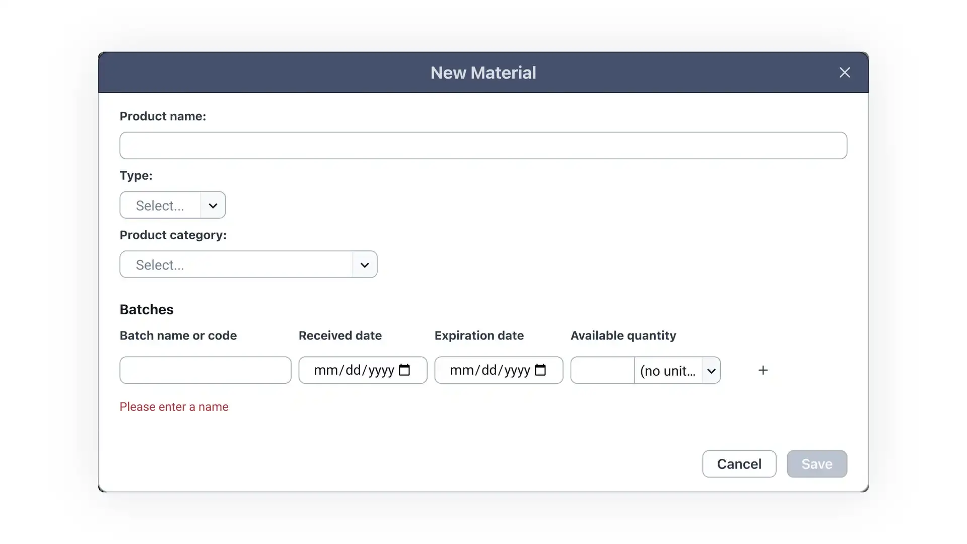 Blended software platform 'New Material' screen for adding new materials, including fields for product name, type, product category, and batch details.