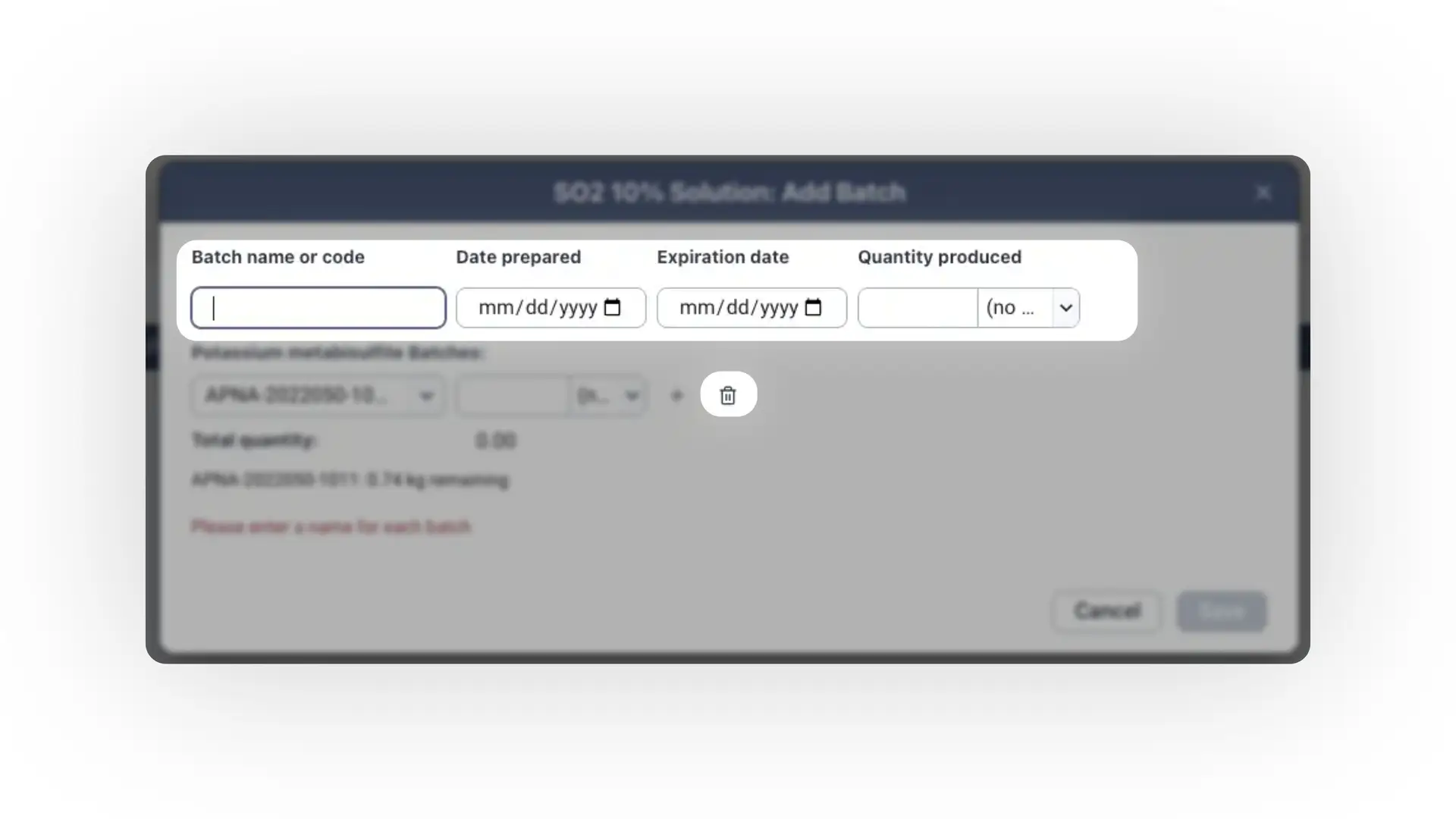 Blended - SO2 10% Solution: Add Batch screen for entering batch details.