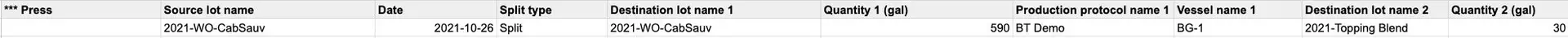Blended Upload Formats - CSV Import example showing columns for production data management in a winery.