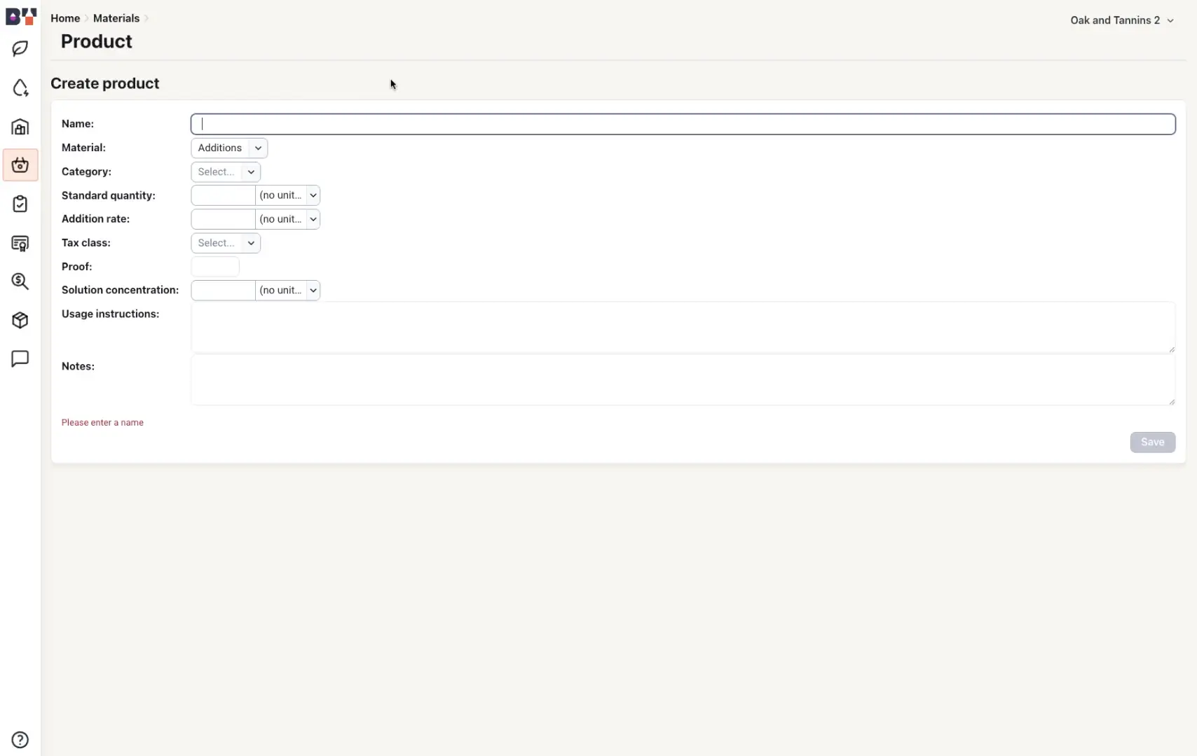 The screenshot shows the 'Create product' form within the 'Materials' section of the Blended platform. The user is prompted to input details such as name, material type, category, and other specifications for a new product.