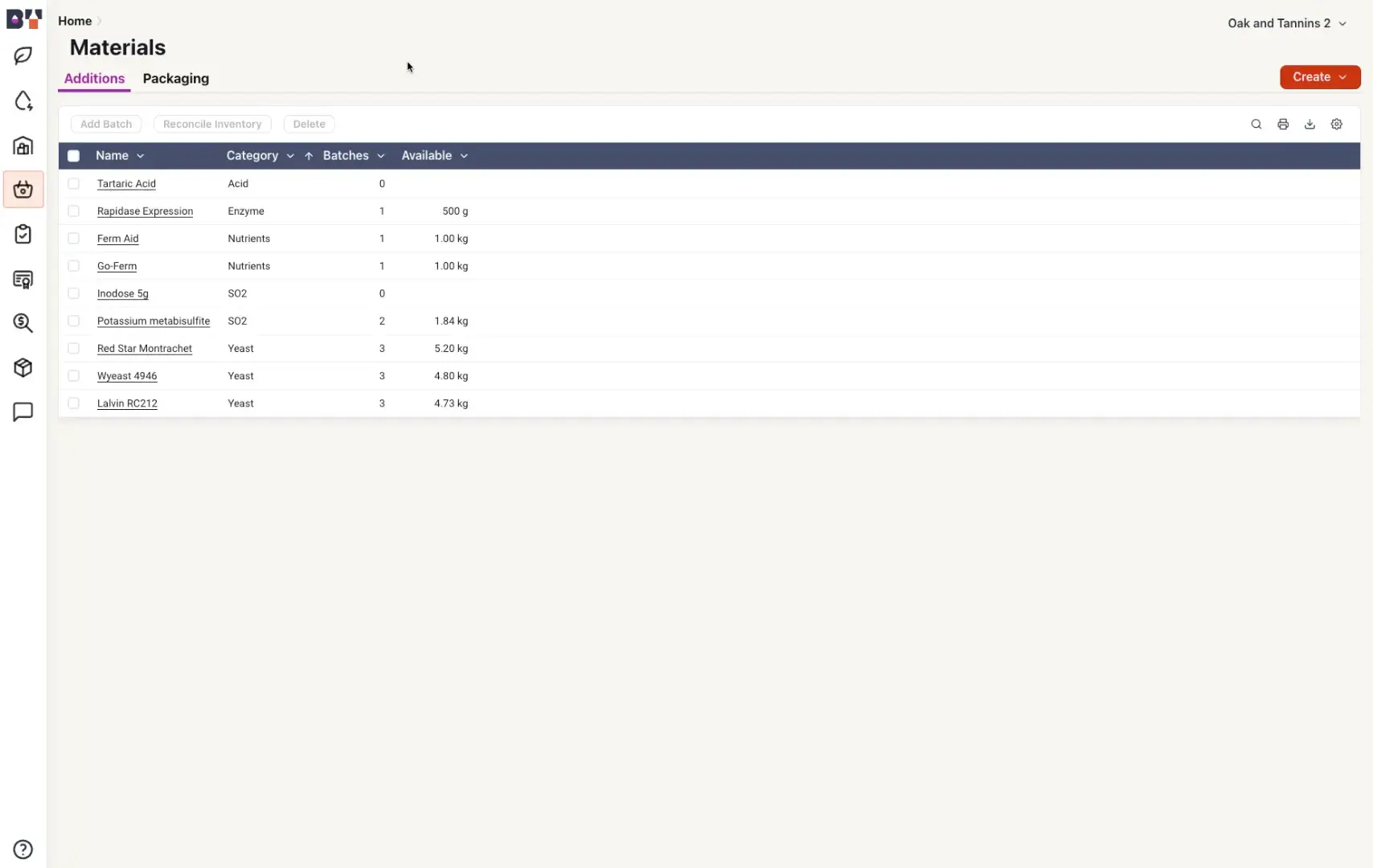 The screenshot displays the 'Materials' section of the Blended platform, specifically the 'Additions' tab, showcasing a list of materials with details like name, category, batches, and availability.
