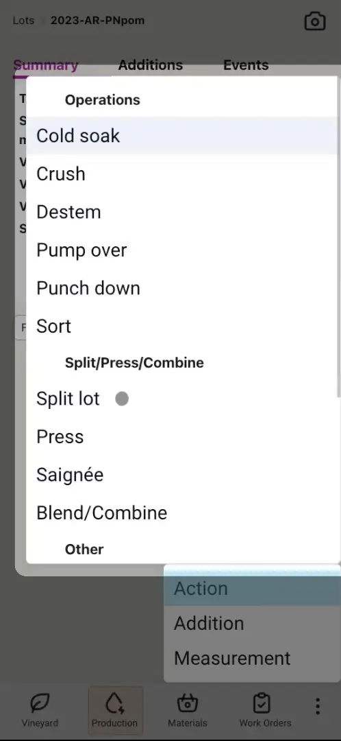 Blended software Production feature with Operations dropdown menu open.