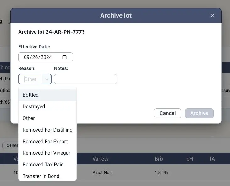 Blended software Archive lot modal for removing bulk juice or wine