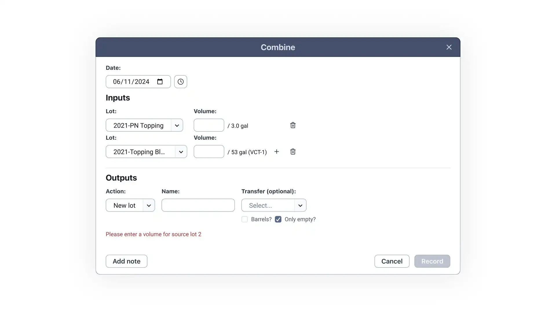 Blended software Combine screen for winemaking operations, showing fields for date, input lots, volumes, and output actions.