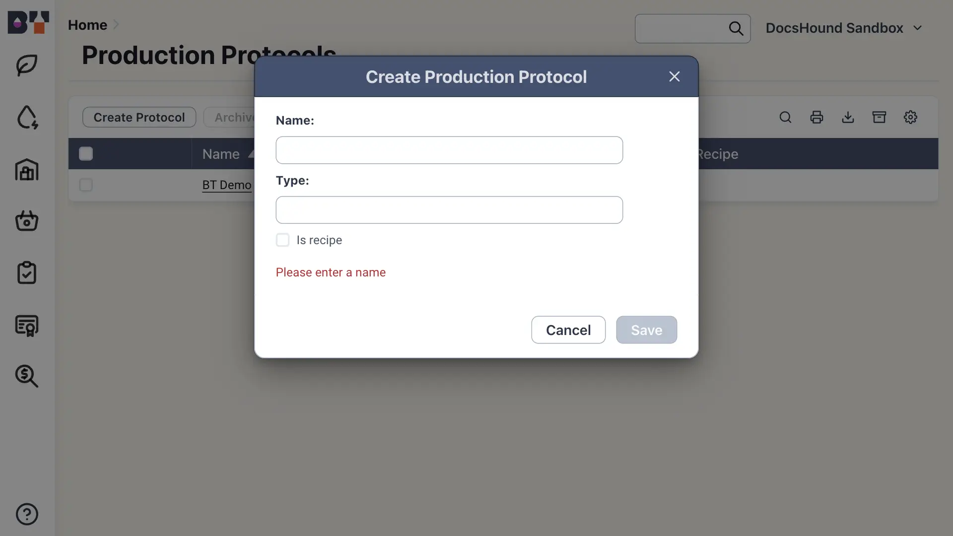 Blended software platform - Create Production Protocol pop-up window on the Production Protocols page.