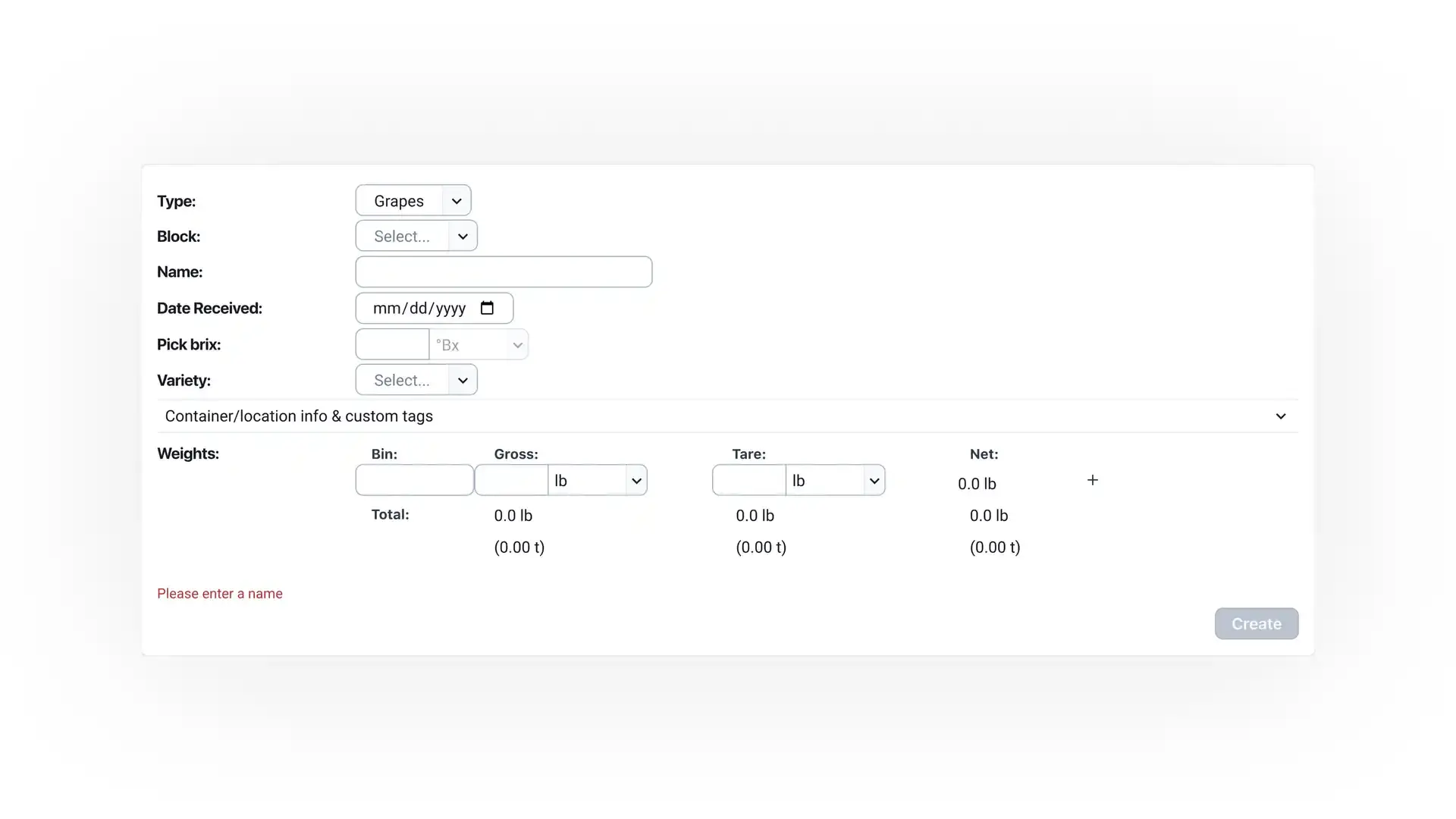 Blended software platform form for receiving grapes, bulk juice, or bulk wine with fields for type, block, name, date received, pick brix, variety, container/location info, weights, and a create button.