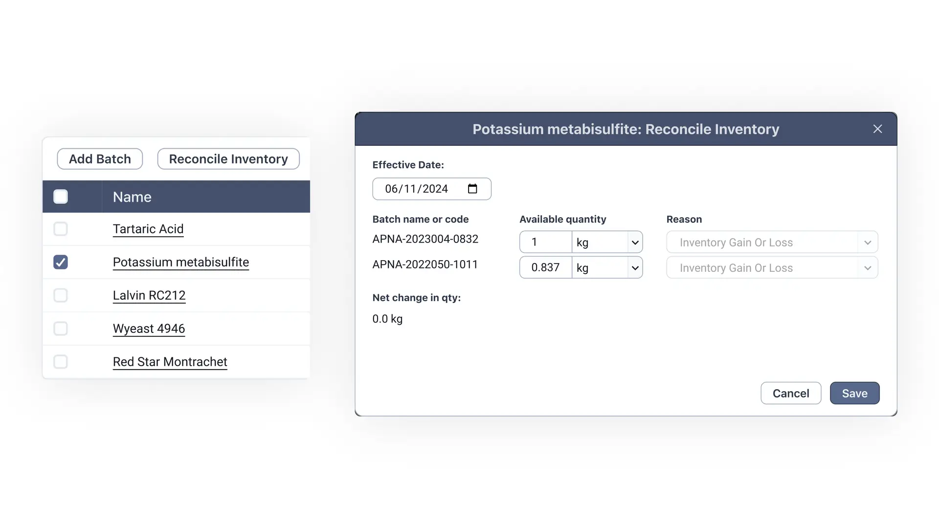 Blended software Reconcile Inventory screen for Potassium Metabisulfite