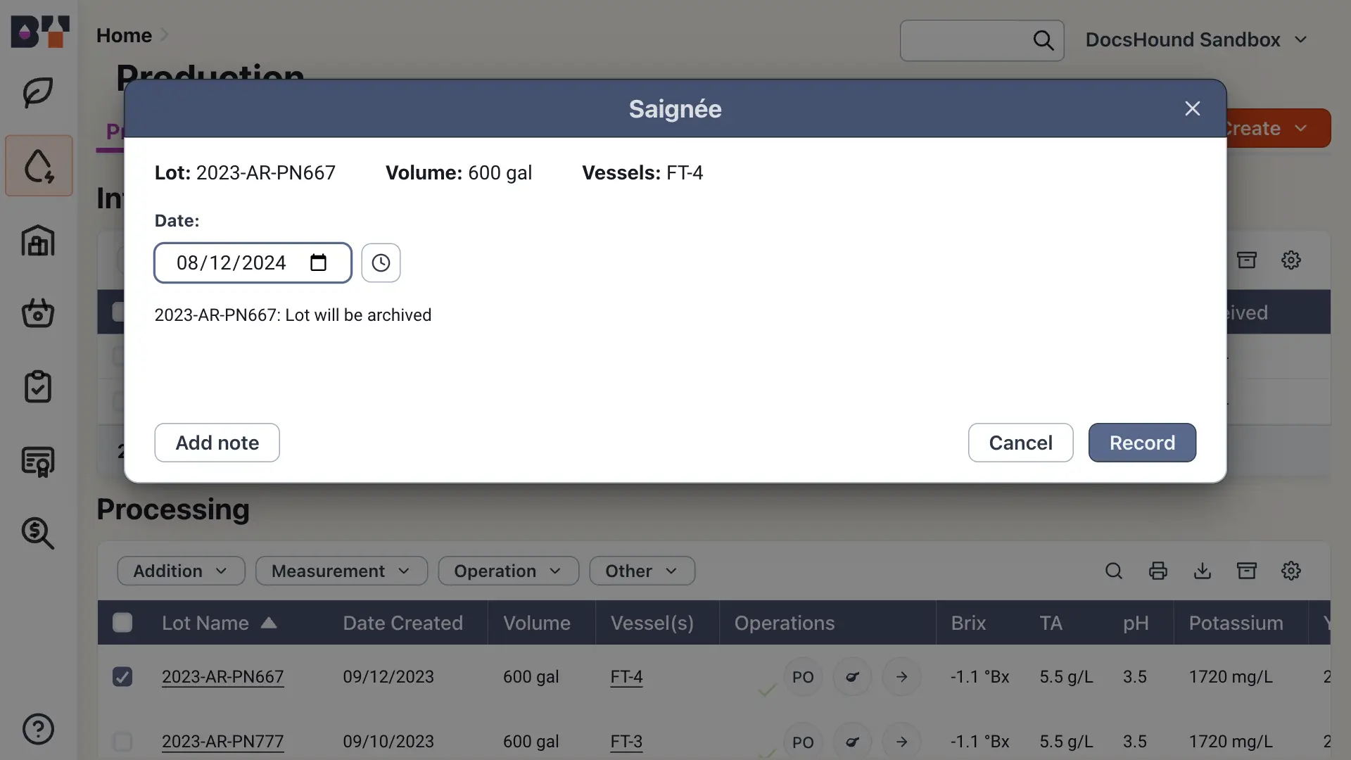 Blended software platform - Production section with Saignée modal for recording operations.