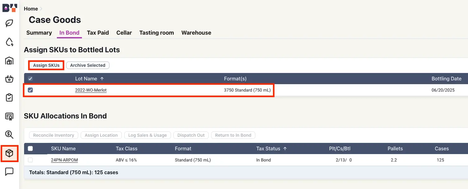 Blended platform Case Goods In Bond tab showing SKU assignment to bottled lots.