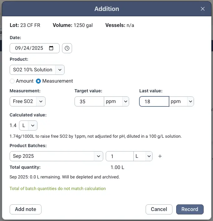 Blended software Addition screen for recording data in the Production feature.