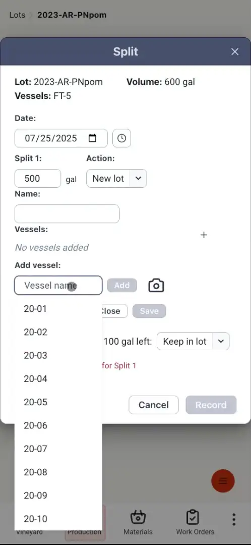 Blended software Split interface for lot 2023-AR-PNpom in Production feature.