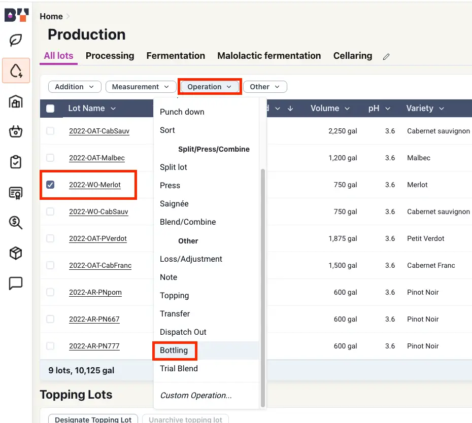 Blended software Production section showing wine lot management with operation dropdown for bottling.