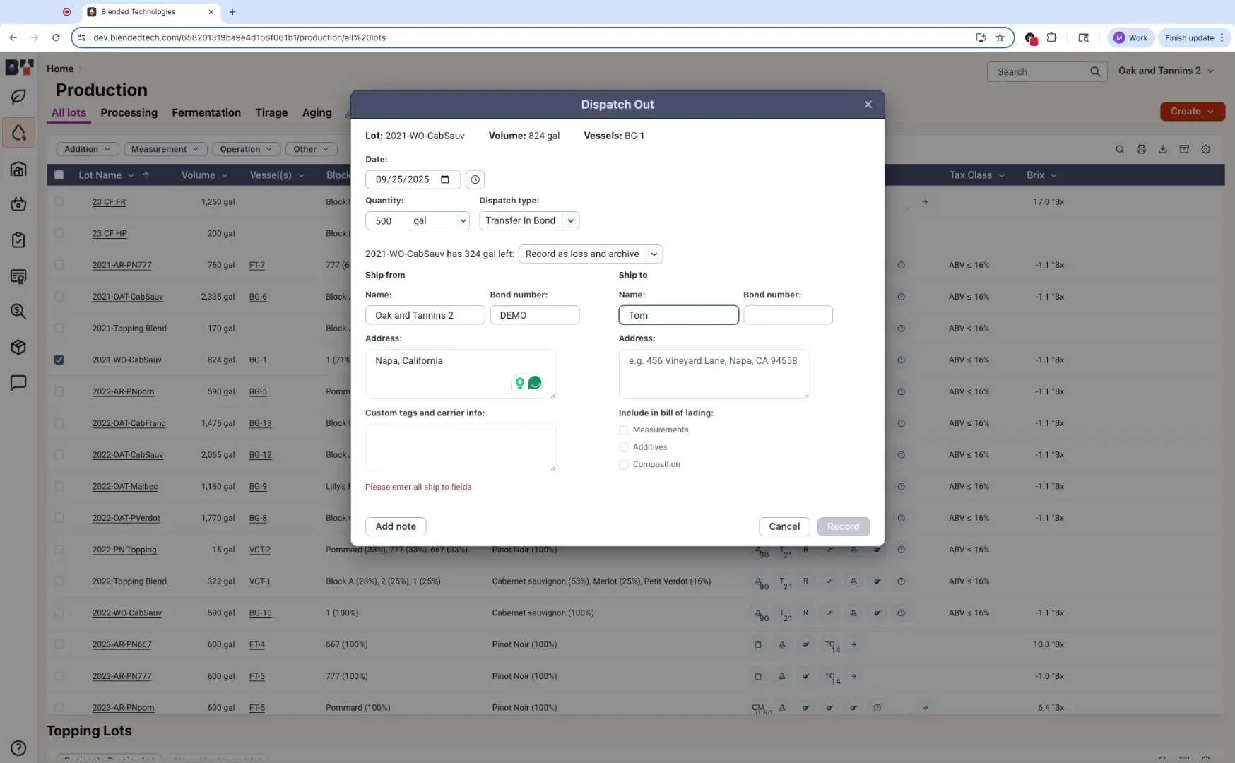 The user is interacting with the "Dispatch Out" modal within the Blended platform, specifying details for a wine transfer, including quantity, dispatch type, and recipient information.