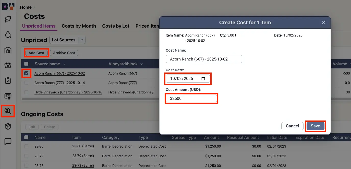 Blended platform Costs section, Unpriced Items tab, Create Cost for 1 Item modal for Acorn Ranch