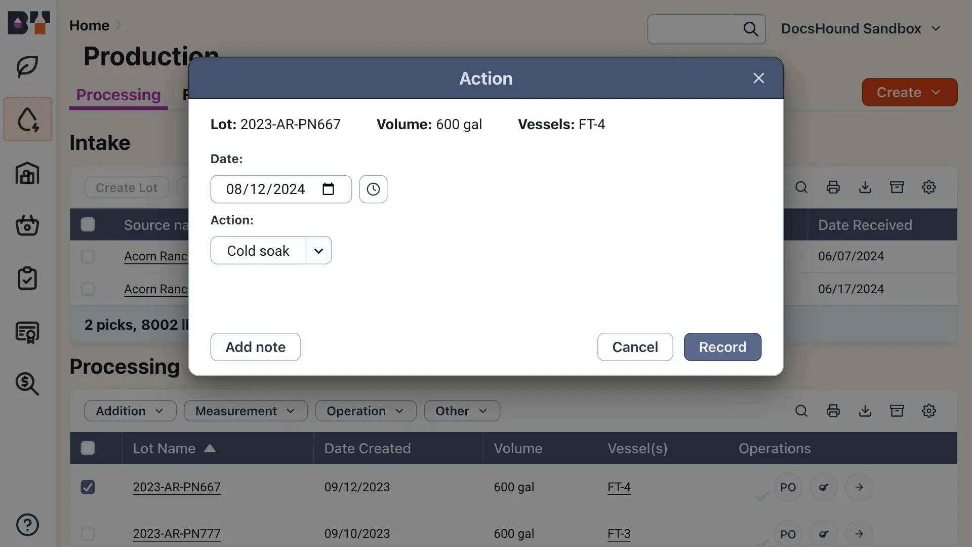 Blended software platform Production section Processing tab Action dialog box for recording an action for lot 2023-AR-PN667.