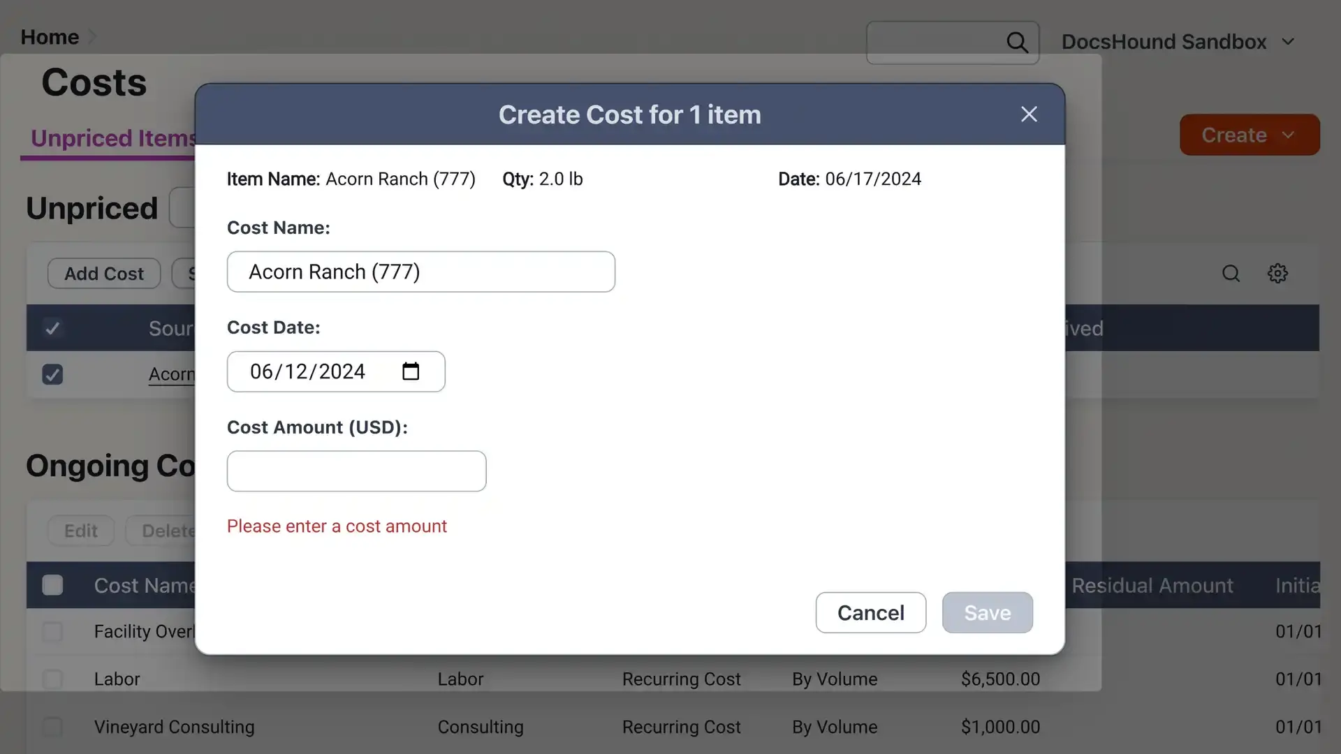 Blended software platform - Create Cost for 1 item dialog box under Costs section