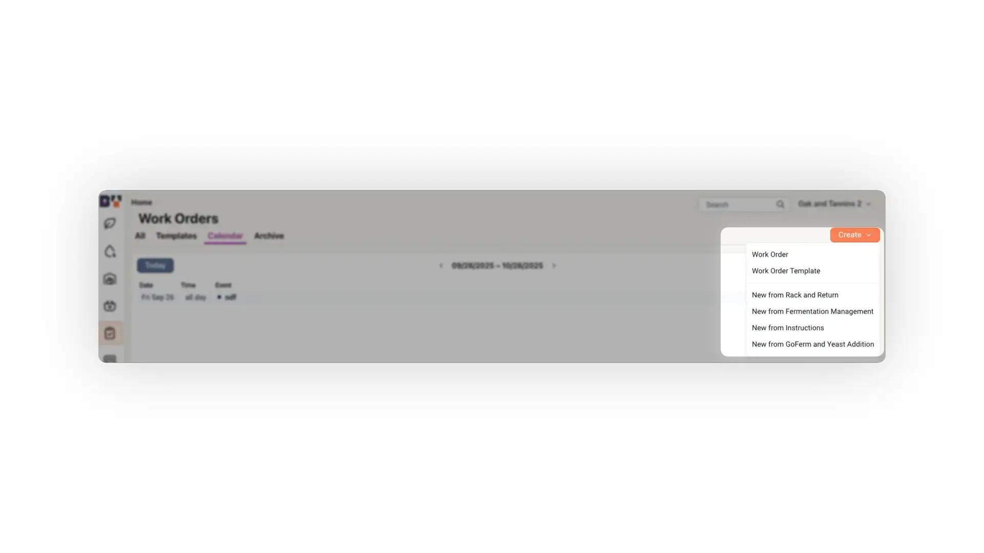 Blended Work Orders Calendar tab showing event on September 26, 2025, with create options for work orders.