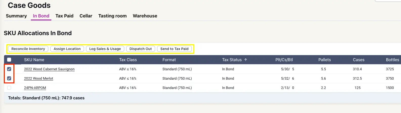 Blended software Case Goods In Bond tab showing SKU Allocations In Bond with inventory management options.