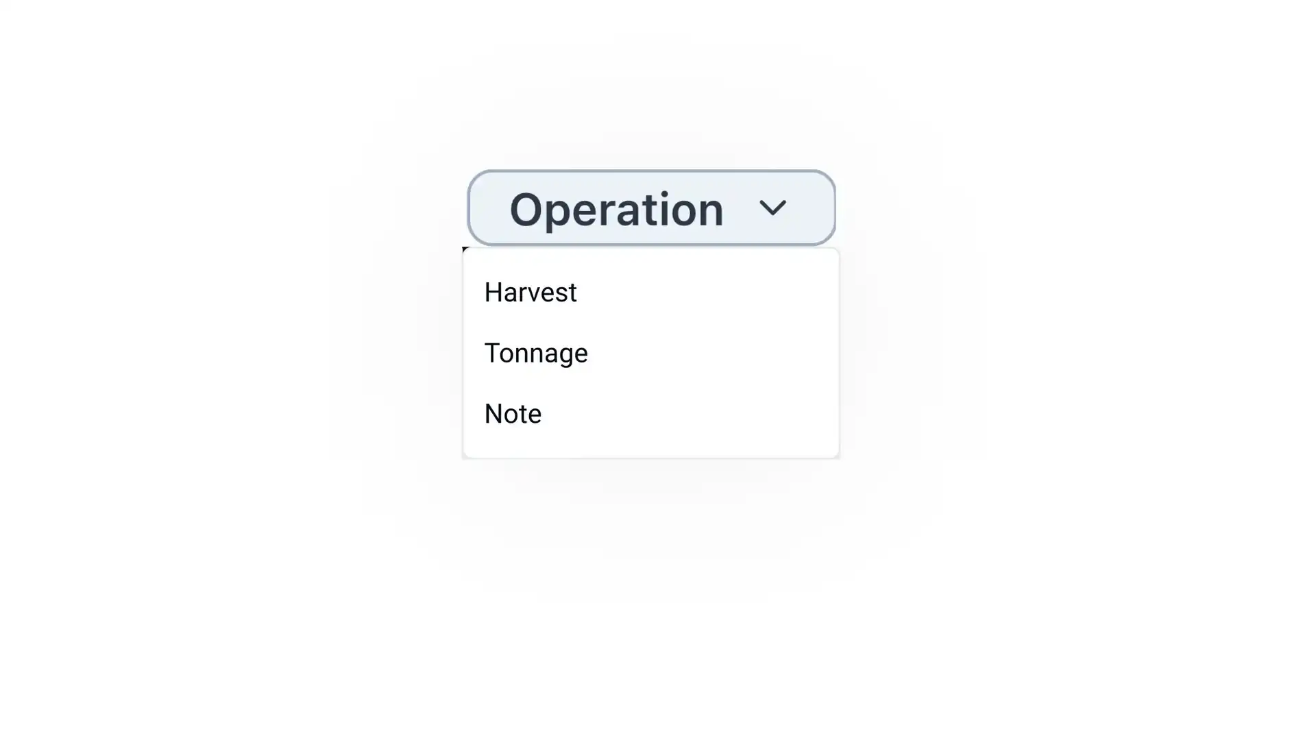 Blended software platform Vineyard feature showing an expanded 'Operation' dropdown menu with options: Harvest, Tonnage, and Note.