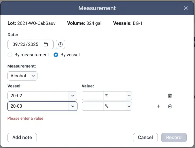 Blended software Measurement screen for entering wine lot data, showing fields for date, measurement type, vessel selection, and value input.