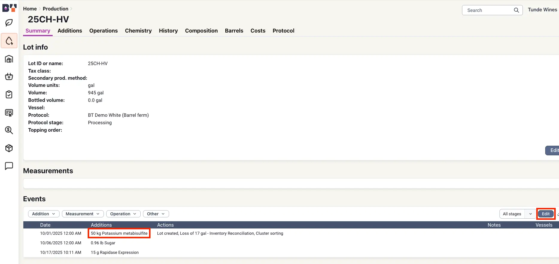 Blended software Production Lot Info page for 25CH-HV showing Summary tab with lot details and events.