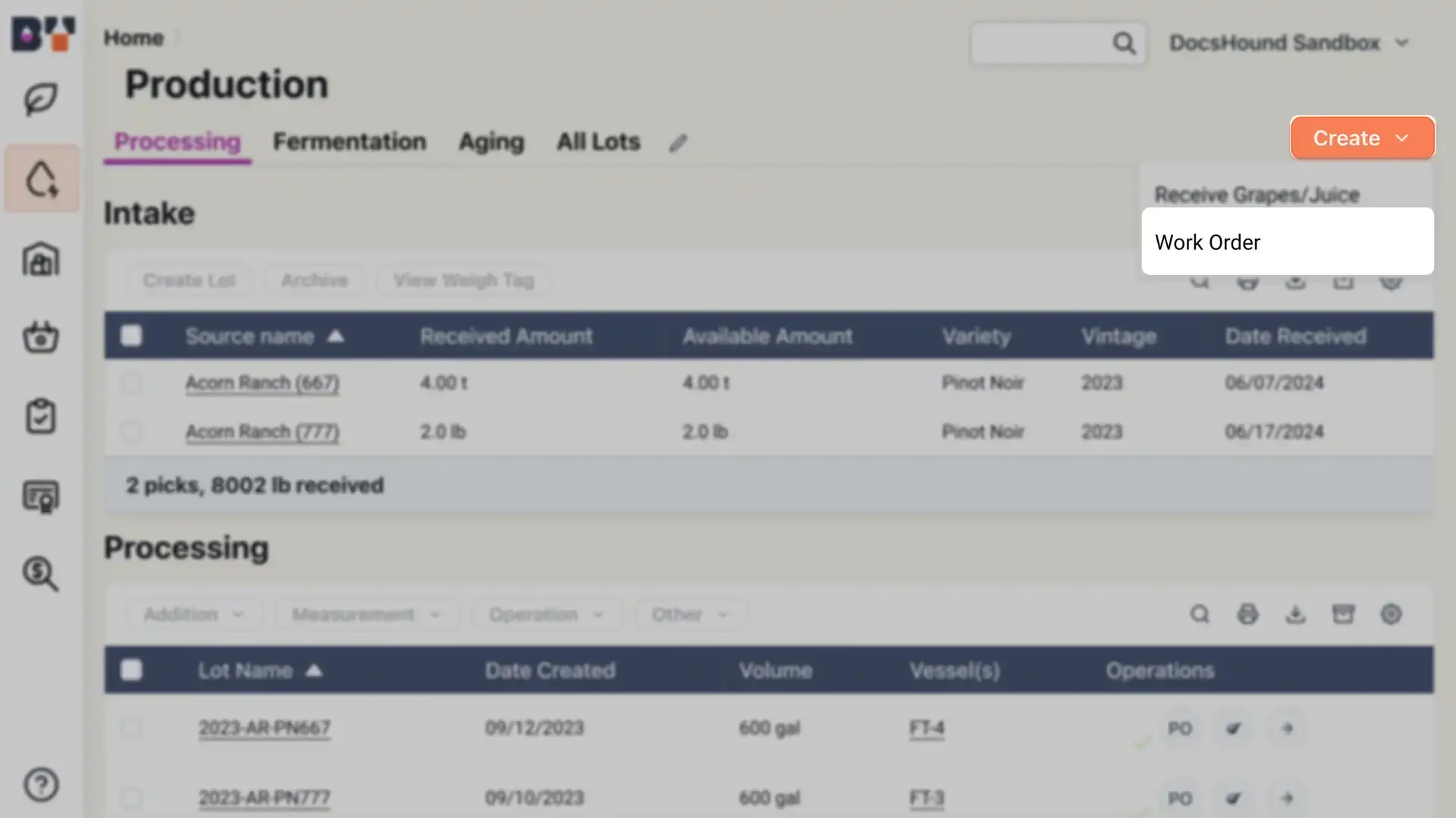 Blended software platform Production section under Processing tab showing Intake and Processing details with Create dropdown menu expanded.