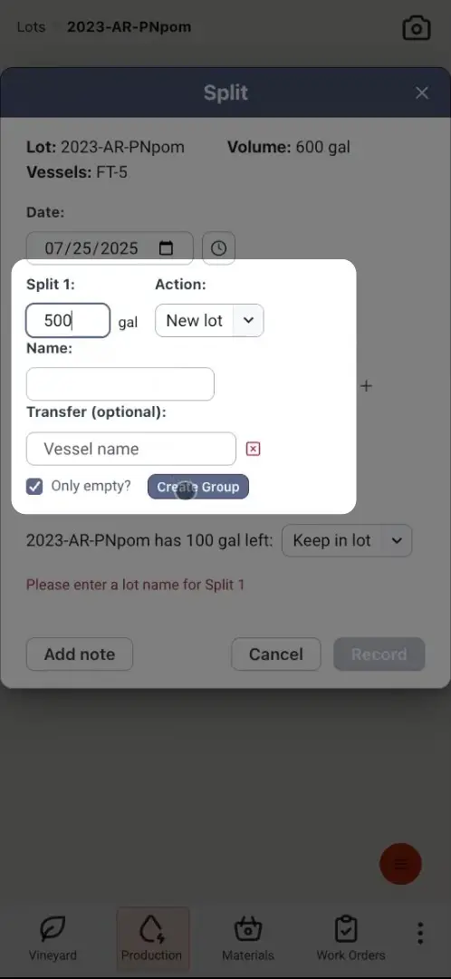 Blended software Production feature Split interface for lot 2023-AR-PNpom.