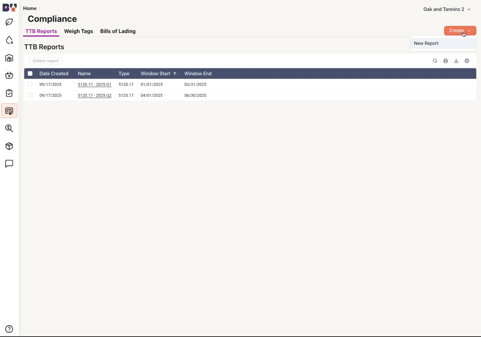 The screenshot displays the TTB Reports section within the Compliance area of the Blended platform, showcasing a list of generated reports with details such as date created, name, type, and window start/end dates. The user can create new reports using the 'Create' button.