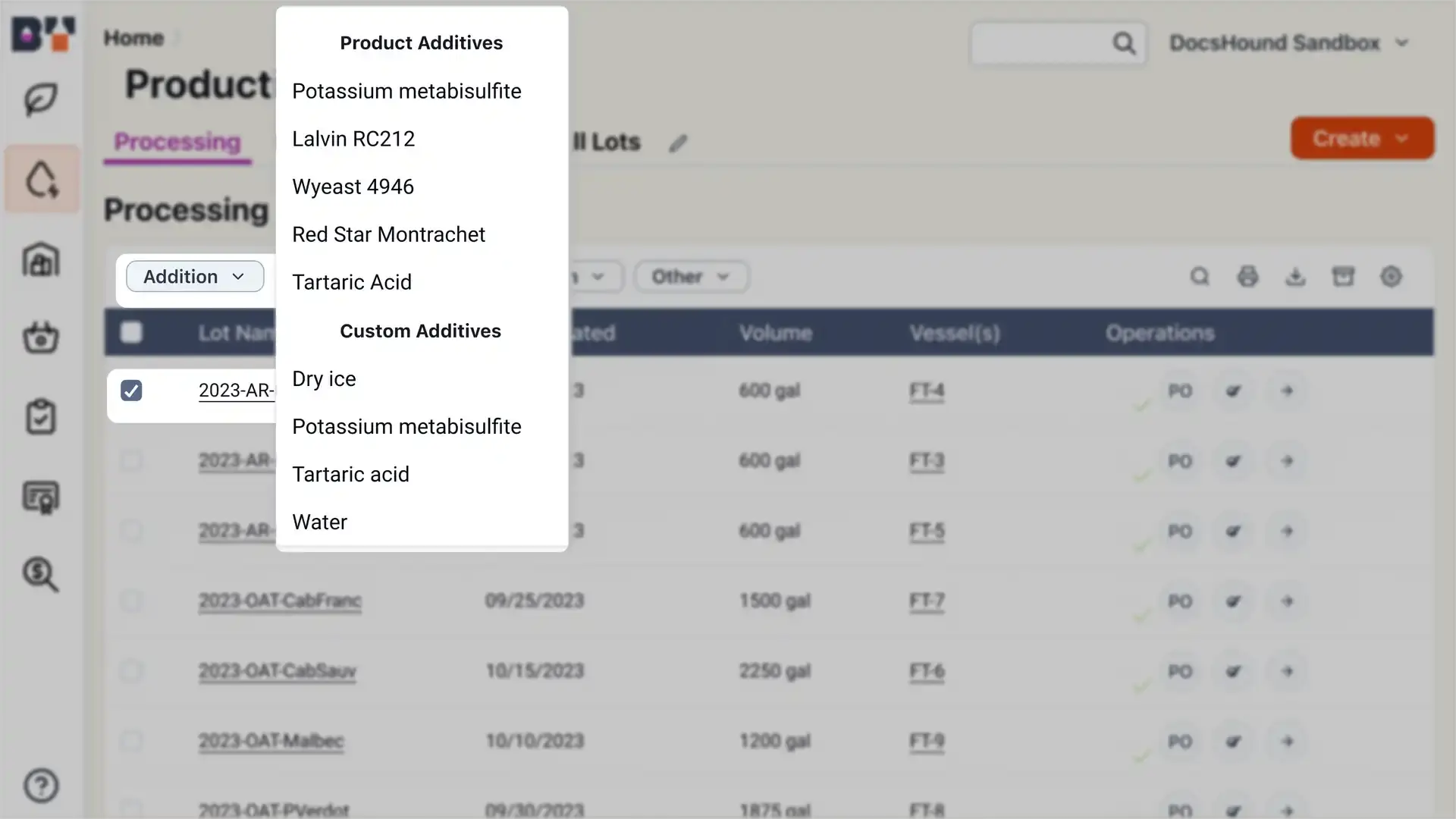 Blended software platform - Production module, Processing section with Addition dropdown menu expanded showing Product Additives and Custom Additives.