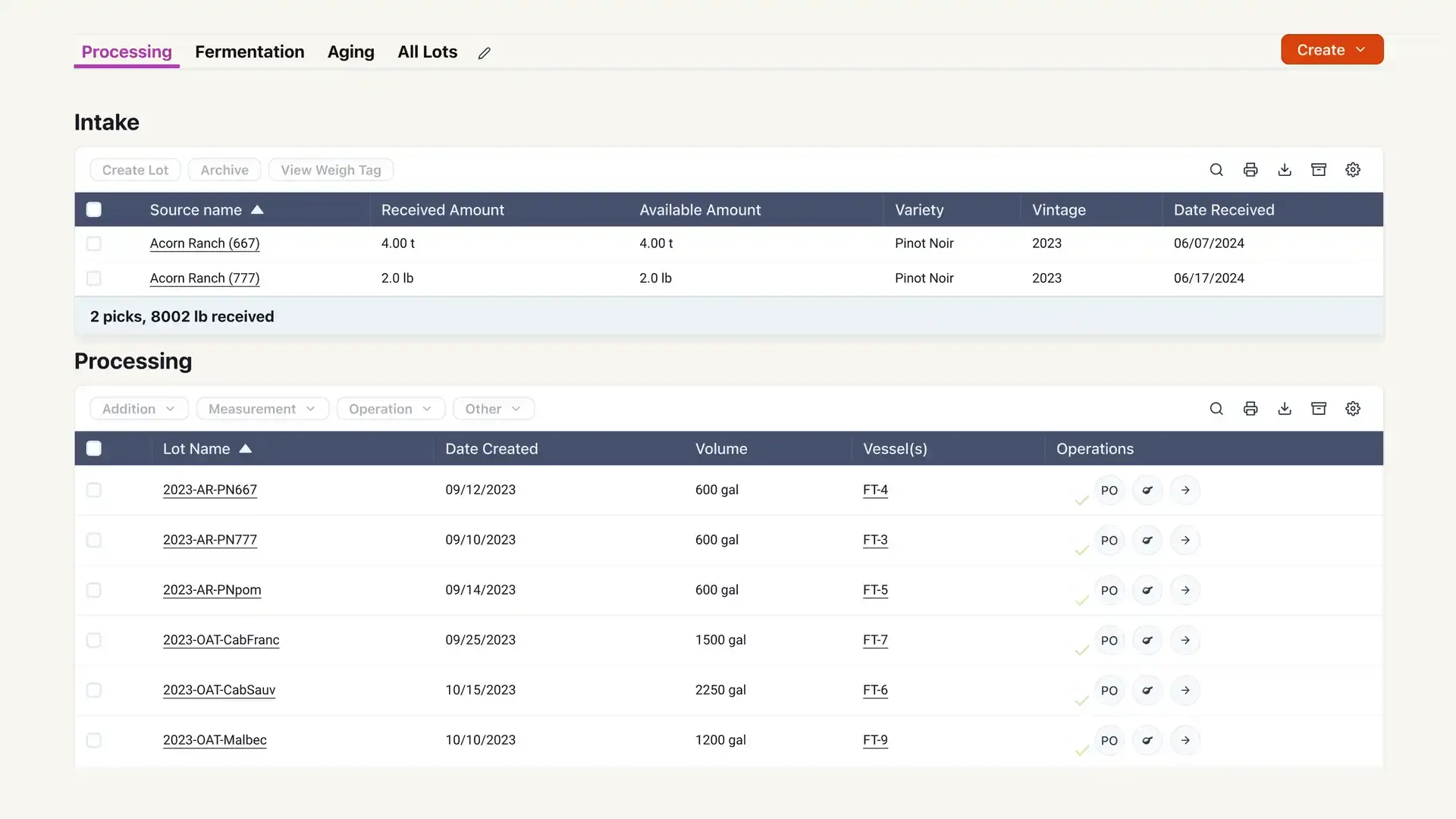 Blended software platform Production section showing Intake and Processing details for wine lots.