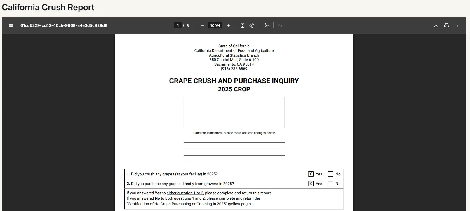 California Crush Report PDF document in Blended software platform, showing Grape Crush and Purchase Inquiry for 2025 crop.