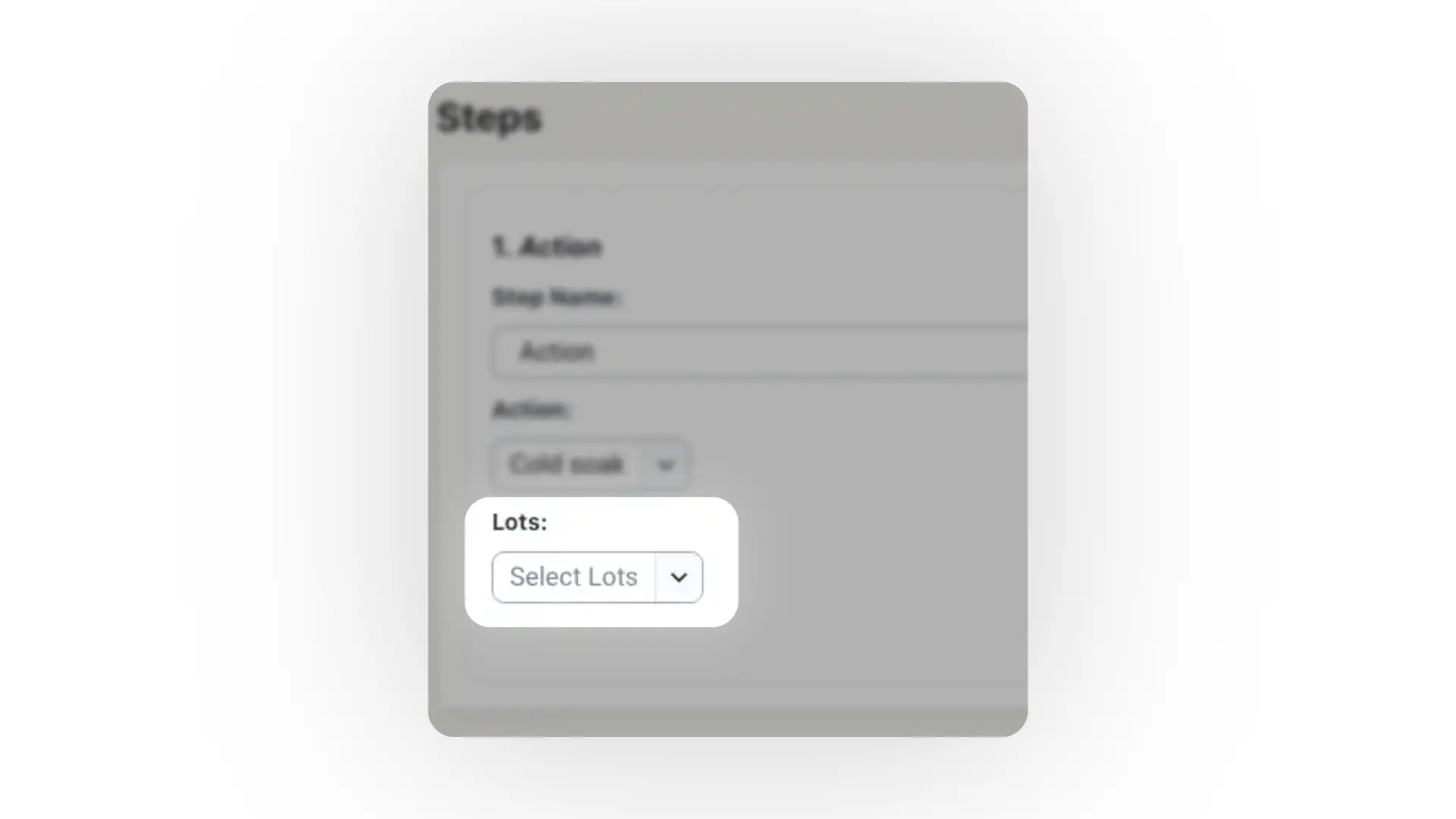 Blended platform work order step configuration screen with fields for Step Name, Action, and Lots selection.