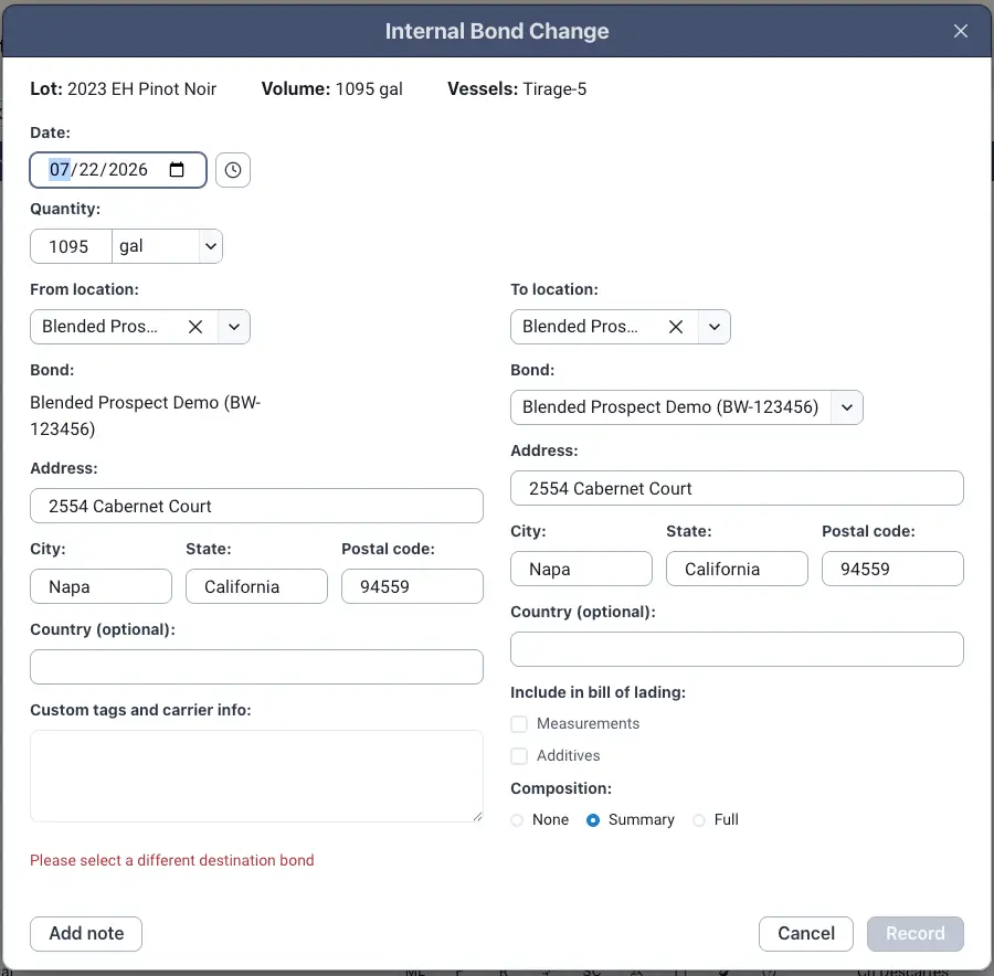 Blended software Internal Bond Change screen for bond to bond transfers in winemaking operations.