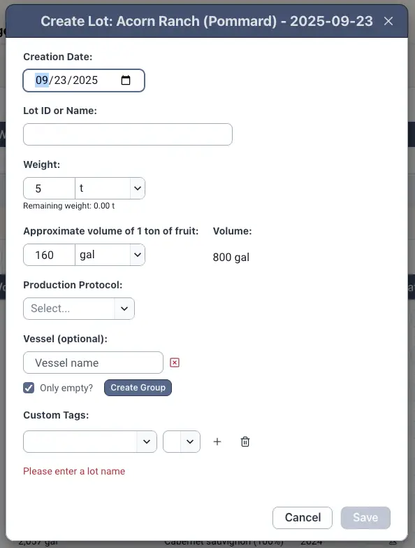Create Lot screen for Acorn Ranch (Pommard) on Blended platform, dated 2025-09-23