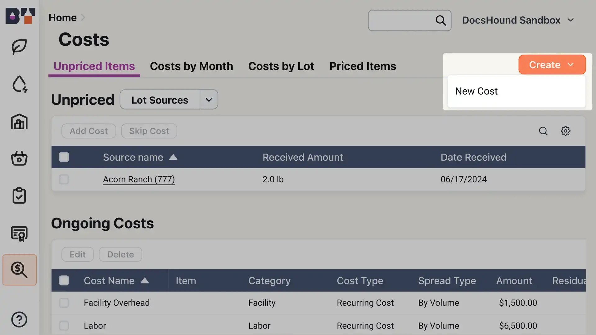 Blended software platform Costs section showing Unpriced and Ongoing Costs with options to add, skip, edit, or delete costs.