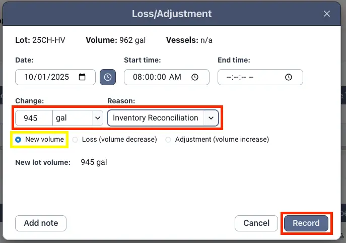 Blended platform Loss/Adjustment screen for lot 25CH-HV, showing volume change and reason fields with Record button.