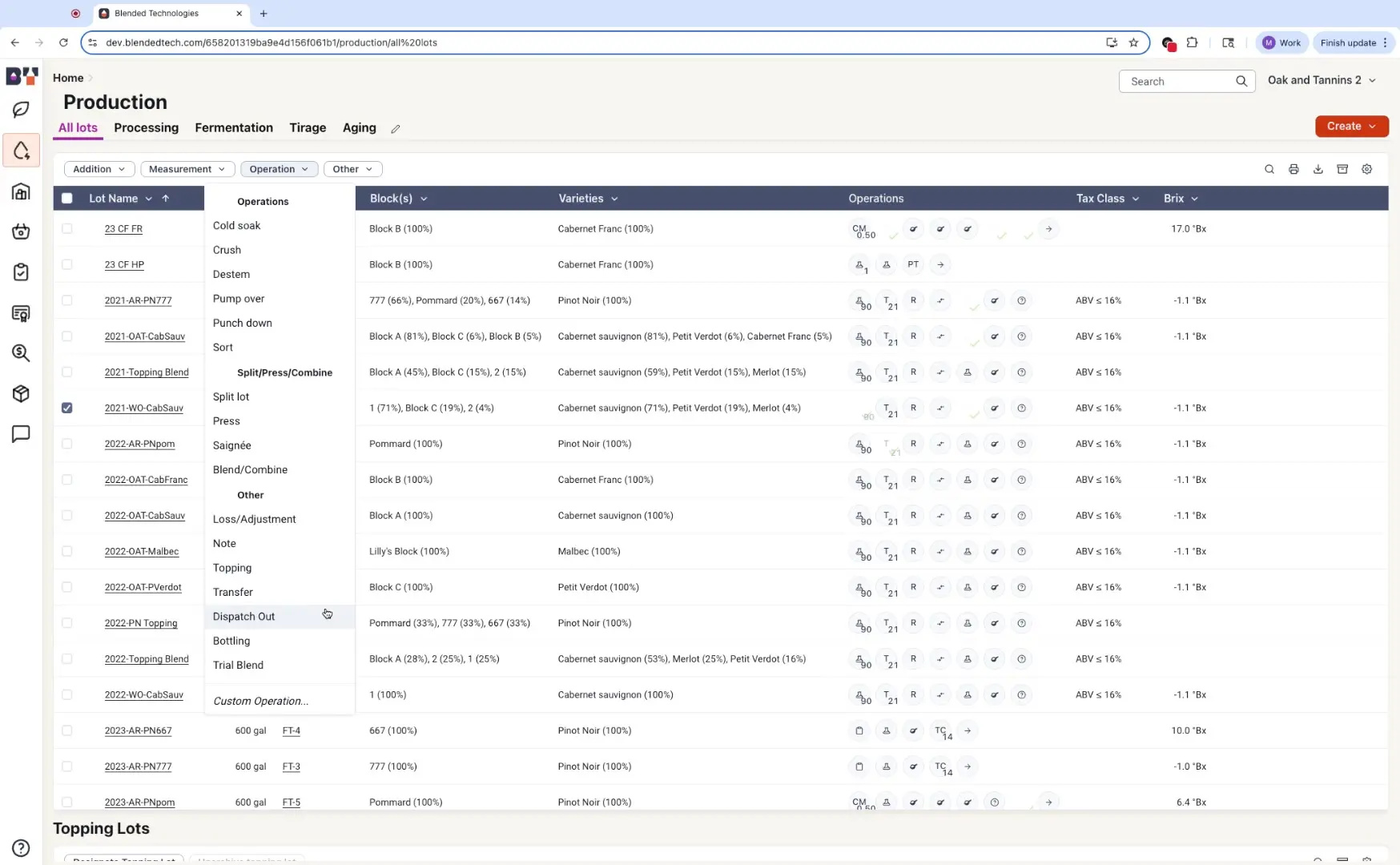 The user is in the production section of Blended and has selected a lot using the checkbox.
