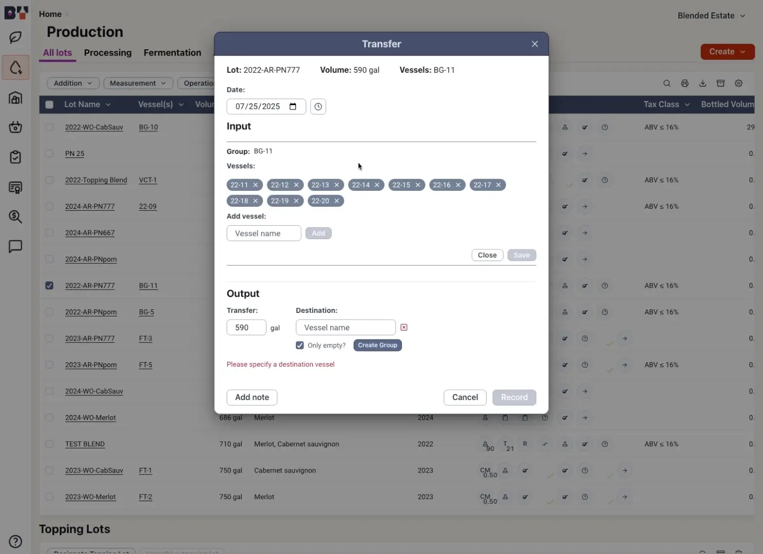 Blended Production Transfer dialog for lot 2022-AR-PN777