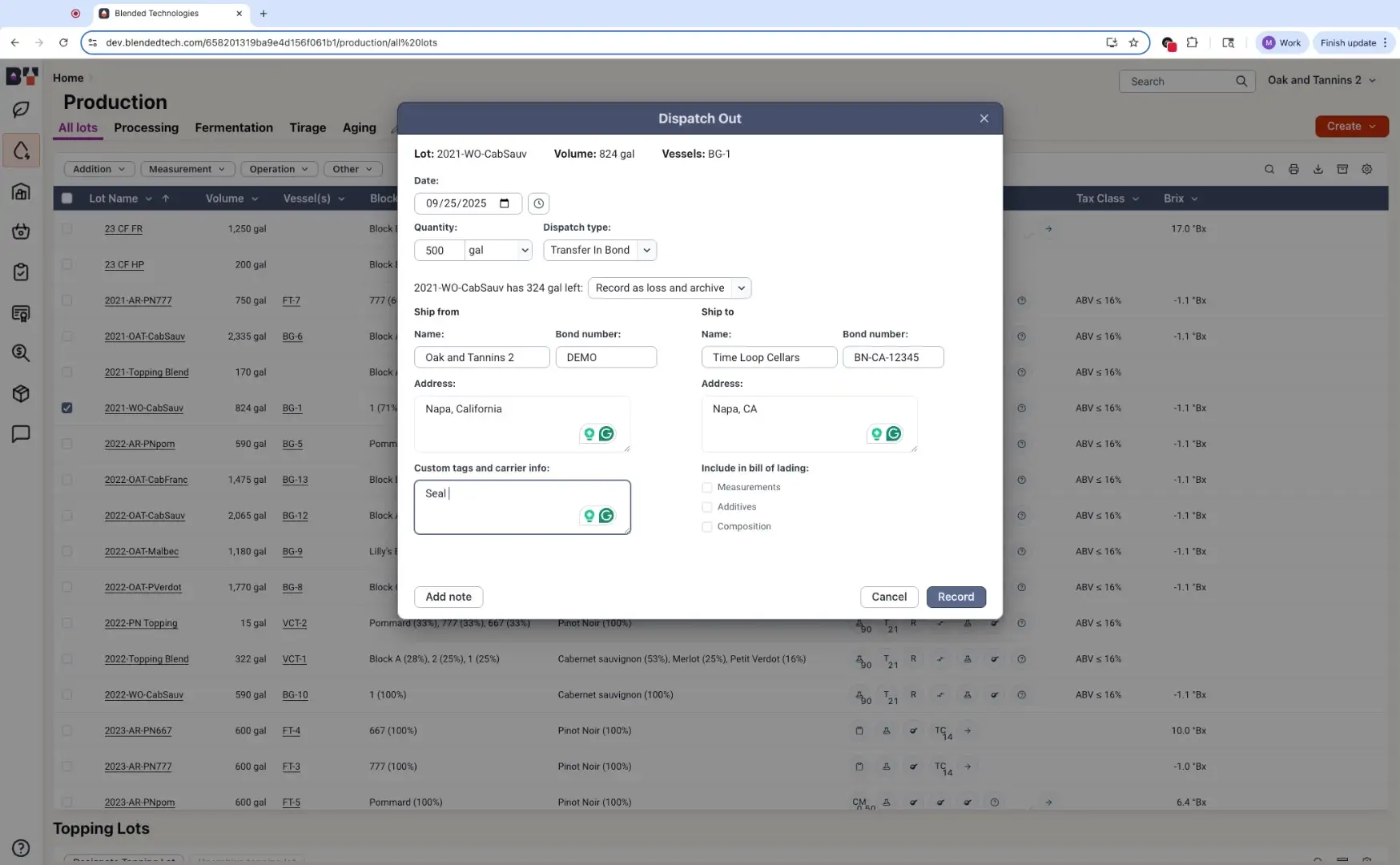 The screenshot shows the 'Dispatch Out' modal within the Blended software, detailing the transfer of wine, including ship-from and ship-to information, quantity, and custom tags.