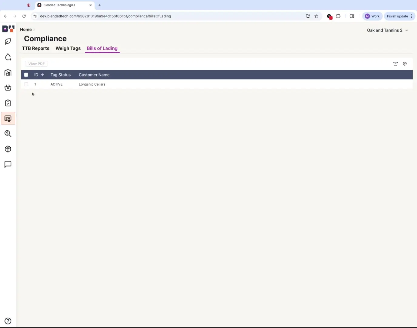 The screenshot displays the 'Bills of Lading' section within the 'Compliance' feature of the Blended platform. It shows a list of bills of lading, including their ID, status, and customer name.