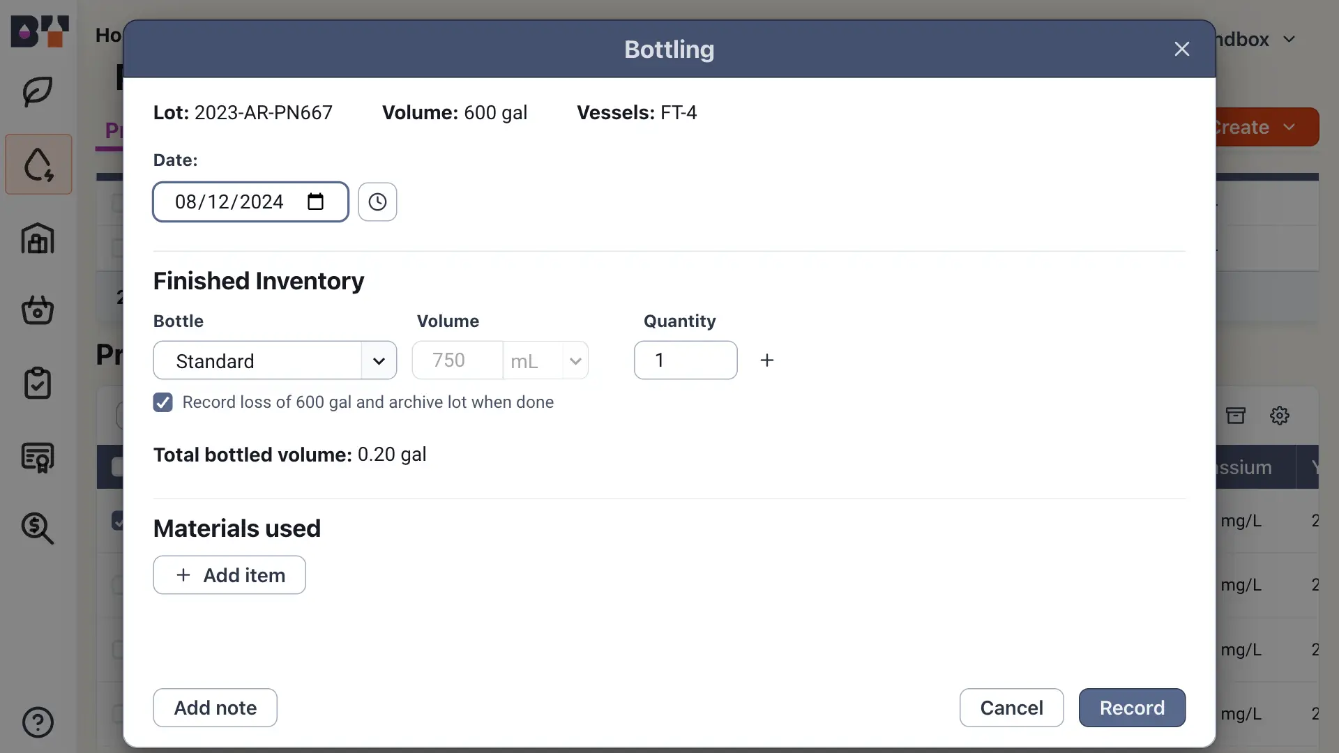 Blended software Bottling screen for recording bottling operations, showing lot number, volume, vessel, date, finished inventory details, and options to add materials and notes.